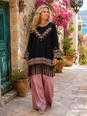 Vintage Collection Embroidered Embellished Fringed Viscose Tunic size XL
